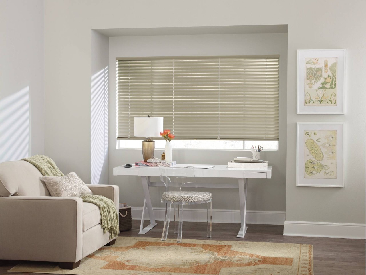 Hunter Douglas Modern Precious Metals® Mini Blinds on a horizontal window in a minimalistic home office at North Idaho Blinds, Shades & Shutters near Hayden, Idaho (ID)
