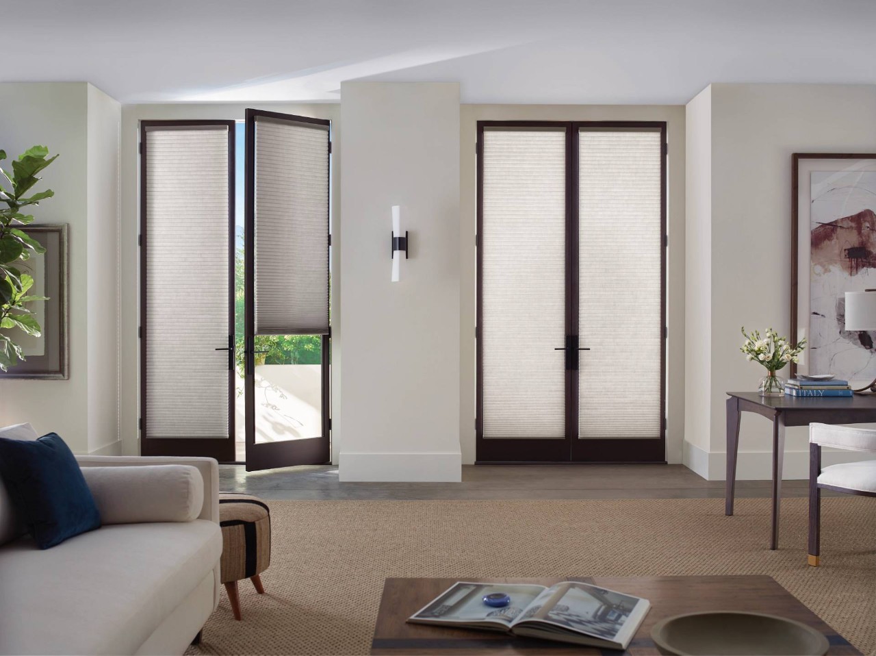 Neutral and chic Hunter Douglas Duette® Cellular Shades as window treatments for residential patio doors at North Idaho Blinds, Shades & Shutters near Hayden, ID